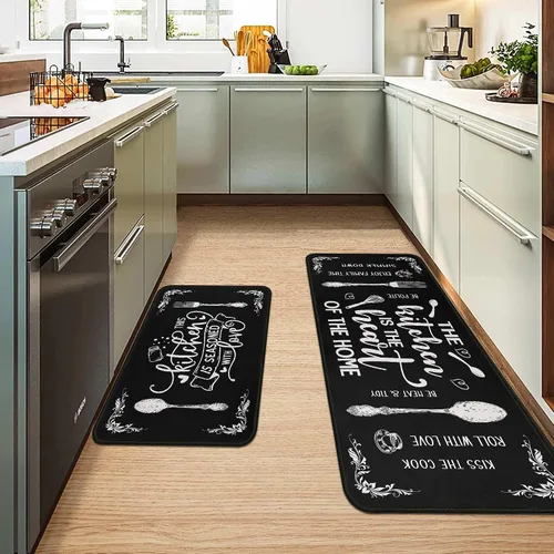 Vista 13 de Alfombras y tapetes negros de cocina antideslizantes, lavables, absorbentes, de microfibra, para piso, juego de 2 tapetes de cocina negros