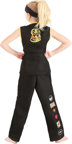 Vista 7 de Disfraz de Cobra Kai de Karate Kid para niñas, Gi sin mangas negro con insignias y diadema de cobra negra