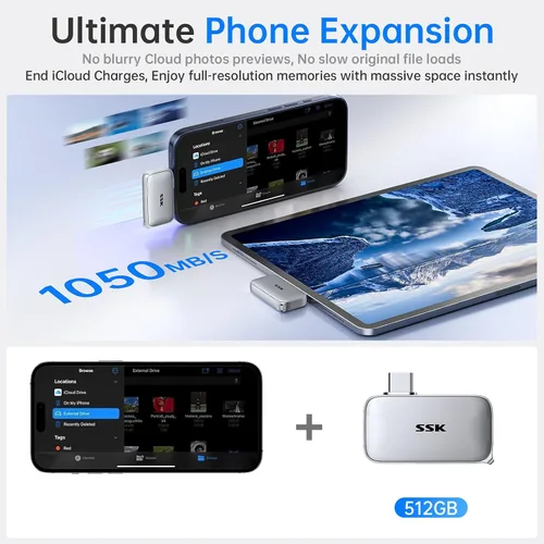 Vista 2 de SSK USBC Drive 512GB Unidad de estado sólido externa portátil SSD hasta