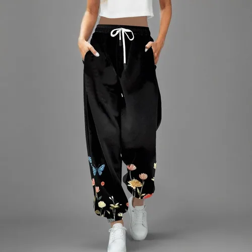 Vista 3 de Pantalones deportivos con estampado gráfico para mujer, ajuste holgado, con cordón, cintura elástica, pantalones largos para mujer