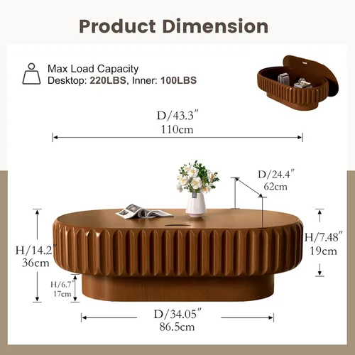 Vista 2 de Mesa auxiliar ovalada con almacenamiento, mesa de centro moderna acanalada de 43.3 pulgadas con tapa extraíble para sala de estar, mesa central