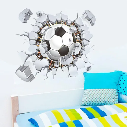 Vista 3 de MQ - Adhesivos de pared rotos en 3D para el hogar, diseño de fútbol y fútbol, póster decorativo para habitación de niños, decoración de dormitorio