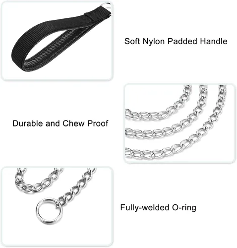 Vista 4 de Correa y collar de metal para perro, cadena a prueba de mordidas de 4 pies con cadena en P, correa resistente para mascotas con mango acolchado