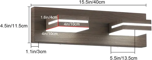 Vista 4 de SineRise Moderna lámpara LED para tocador de baño (2 luces, 15.5 pulgadas, regulable), madera marrón, pintada de acrílico, moderna lámpara de pared