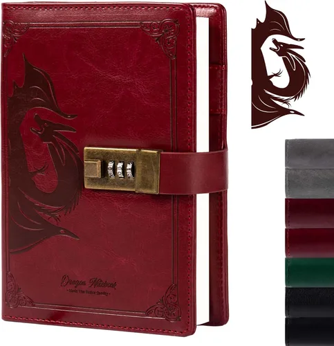 Vista 15 de TIEFOSSI Diario de Cuero Dragón, Cuaderno de Tapa Dura, Diario Recargable con Cerradura, Cuadernos de Escritura con Papel Rayado/En Blanco