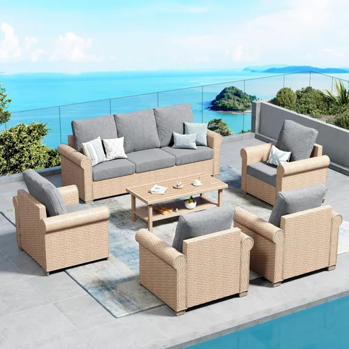 Vista 21 de SUNSHINE VALLEY - Juego de conversación de mimbre para patio de 4 piezas con mesa auxiliar Beige