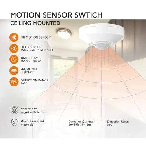 Vista 3 de RAYZEEK Sensor de movimiento de montaje en techo, sensor de movimiento 360, 110V-265V, 1100W, interruptor de sensor de ocupación para techo