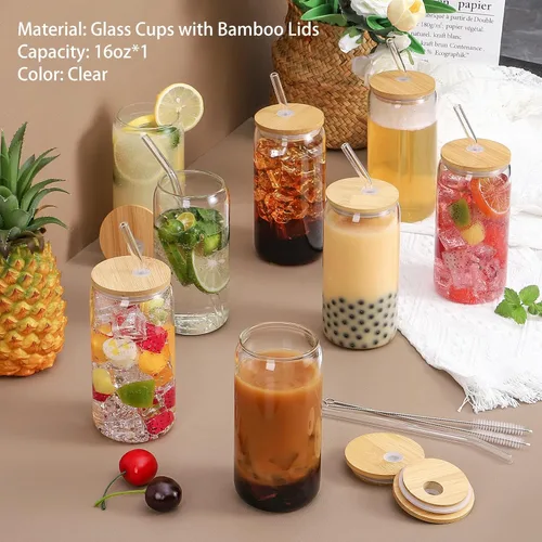 Vista 7 de CWHHRN Vasos de vidrio con tapas y pajitas, vasos de 16 onzas, tazas de café helado, vaso de vidrio con tapa, ideal para soda, té Boba Cocktai