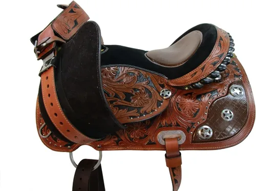 Vista 8 de Western Saddle Barril Racing Caballo Placer Floral Tooled Gator Asiento de cuero Sillines Trail Tack Set 15 16 17 18