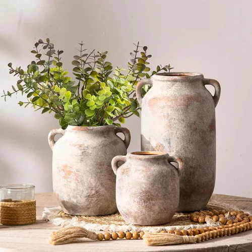 Vista 4 de Florero Grande para Decoración del Hogar - Jarrones de Mesa Rústicos de Granja de Cerámica de 12 Pulgadas de Alto con Asa, Decoración de Sala
