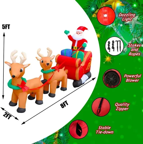 Vista 7 de SEASONBLOW Reno Inflable de Navidad con LED de 8 Pies que Tira del Trineo Llevando a Papá Noel Decoración Navideña para Patio Césped Jardín Hogar
