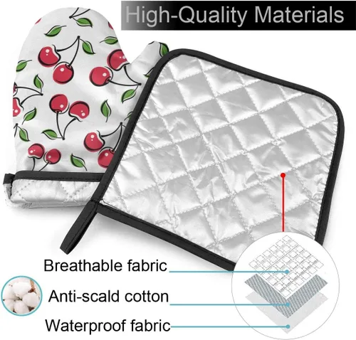Vista 4 de Juego de 2 guantes de horno y soportes para ollas de cereza roja, resistentes al calor, con superficie antideslizante para una barbacoa segura