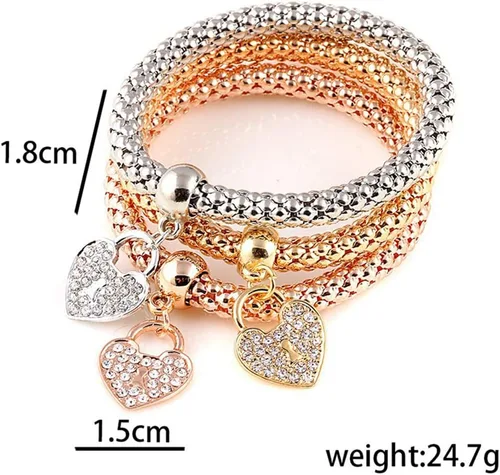 Vista 4 de Rrdaily 3 pulseras de árbol de la vida de oroplataoro rosa, pulsera elástica de cristal multicapa para mujer