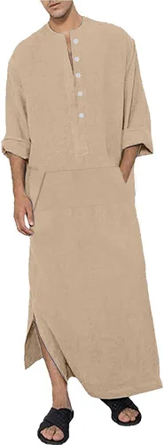 Vista 5 de Jacansi Caftán de manga larga para hombre, 65% algodón, 35% lino, con botones, longitud al tobillo, con abertura lateral y bolsillo Blanco