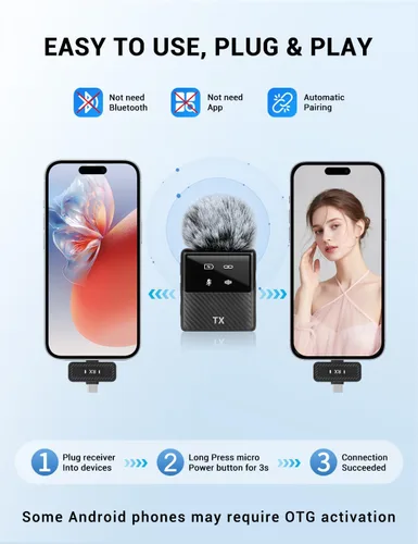 Vista 3 de Mini micrófono inalámbrico Lavalier para iPhone, iPad, teléfono Android, reducción de ruido, clip magnético Plug and Play, micrófono de solapa