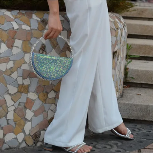 Vista 4 de Mini corazón forma redonda Rhinestone embrague bolso bolso marco diamante brillo lentejuelas brillantes bolso de noche boda fiesta