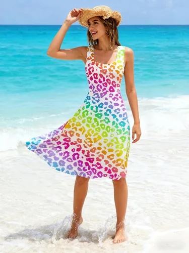 Vista 14 de uideazone - Vestido de mujer sin mangas cuello redondo de verano, para playa, casual, Midi línea A.