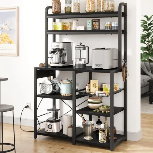 Vista 3 de IDEALHOUSE Estante para panaderos con toma de corriente, barra de café con cajón de alambre, soporte industrial para microondas, mesa de buffet