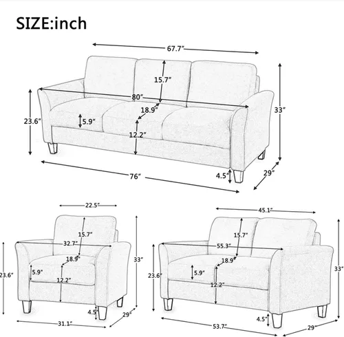 Vista 2 de Daesar Juego de sofá de 3 piezas, moderno sofá silla, sofá biplaza muebles para sala de estar, mezcla de poliéster negro