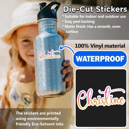 Vista 3 de Calcomanía de nombre personalizada, calcomanías de nombre de princesa rosa intenso, calcomanía de vinilo impermeable personalizada para botella
