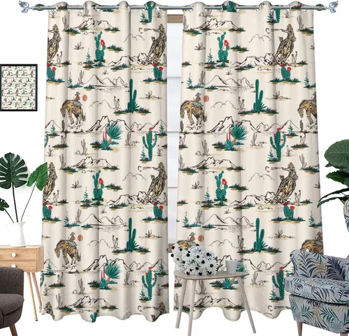 Vista 3 de Cortinas opacas retro de vaquero occidental para dormitorio, estilo rústico, cactus, salvaje oeste, vaquero, paseo, caballo, con ojales, aislamiento