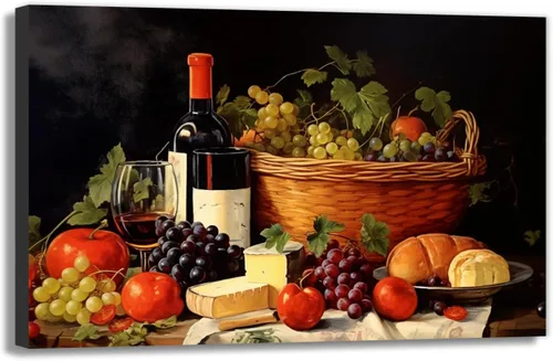 Vista 8 de OAAPITI Cuadros de Cocina Decoración de Pared Acuarela Vino Uva Pan Impresión en Lienzo Pinturas Abstractas de Frutas y Alimentos para Comedor Casa