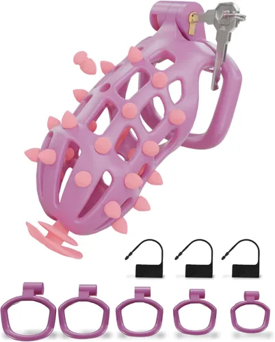 Vista 16 de Cobra Chastity Cage for Men, Invisible Lock, 5 Ball Rings (Pink, XS) Spiked cobra design, lightweight 3D printed open structure, breathable