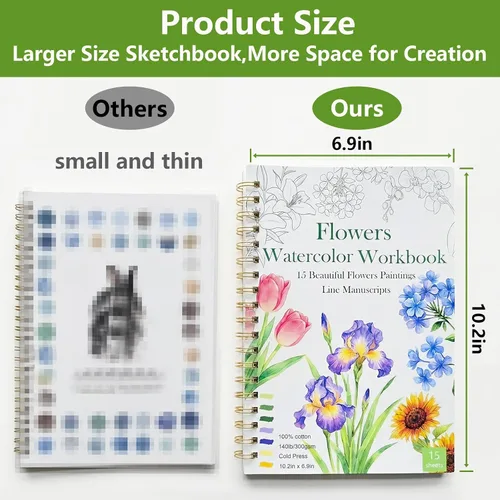 Vista 3 de Cuaderno de trabajo de acuarela 15 hermosas pinturas de flores para adultos y adolescentes principiantes, libro para colorear al agua, 140 libras