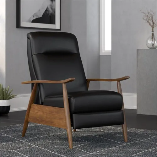Vista 2 de Solaris Silla reclinable de piel sintética negra con brazo de madera