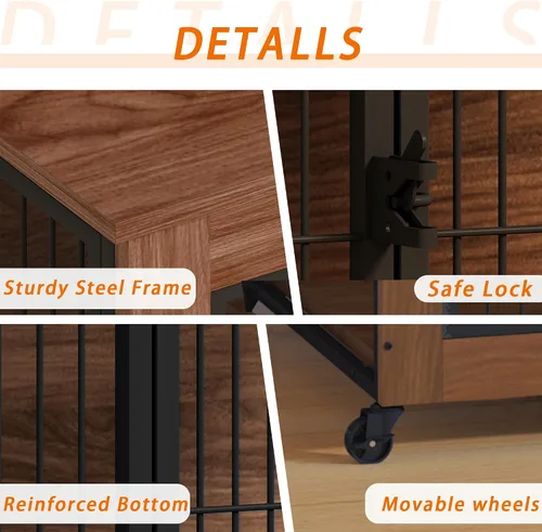 Vista 6 de Mueble de jaula para perros de 32.5 pulgadas con ruedas, mesa de madera resistente para perreras, jaula para mascotas de interior con 2 puertas