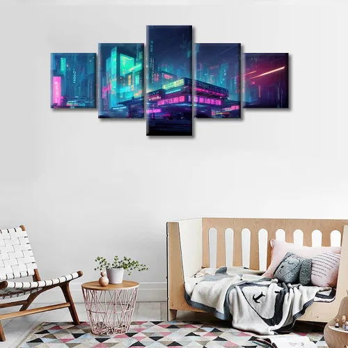 Vista 223 de Cuadros de 5 paneles de Cyberpunk City, arte de pared, representación de vallas publicitarias, edificios modernos en la capital con obras de arte