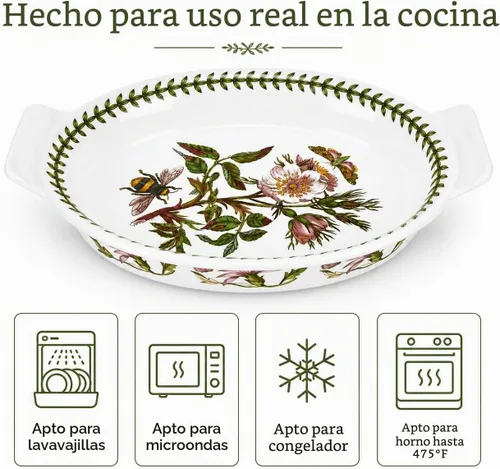 Vista 4 de Portmeirion Botanic Garden - Plato ovalado para gratinar de 10 pulgadas, diseño de rosa de perro, plato para hornear de porcelana duradera