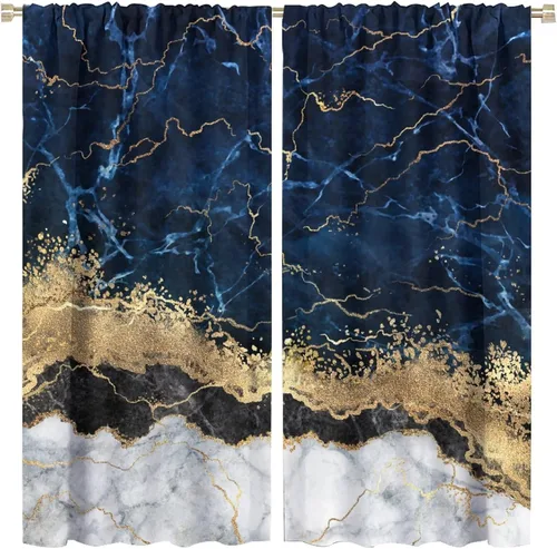 Vista 23 de Cortinas abstractas de mármol de lujo de lujo azul marino dorado a rayas con patrón de mármol estampado para dormitorio, sala de estar, cortinas