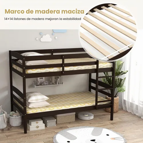 Vista 5 de KOMFOTT - Litera con tamaño doble sobre dos individuales, estructura de litera de madera con barandilla de longitud completa y escalera integrada