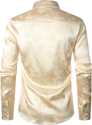 Vista 3 de ZEROYAA Camisas de vestir con botones de manga larga y estampado floral de jacquard rosa satinado brillante para hombre para fiesta de graduación