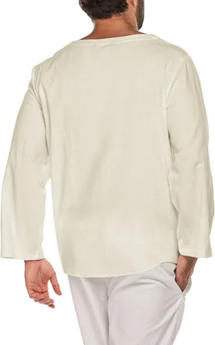 Vista 3 de COOFANDY Camisas de lino de algodón para hombre con cordones estilo casual playa hippie cuello en V
