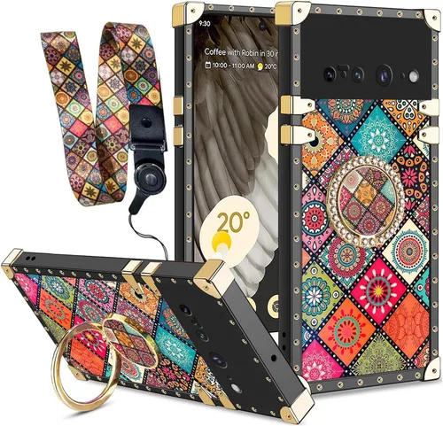 Vista 46 de nancheng Funda para Google Pixel 6 de lujo, diseño de abeja, corazón y abeja, chapado en oro, con anillo de diamante de 360°, correa de cordón