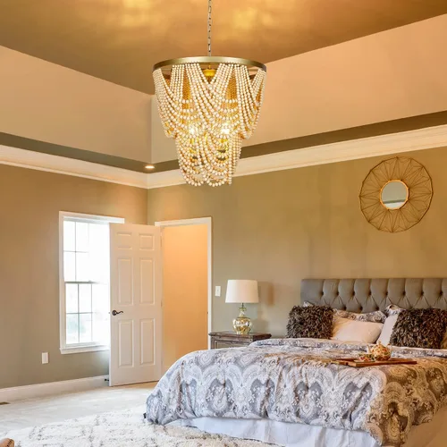 Vista 5 de Candelabro de madera bohemia con cuentas de 6 luces para comedor, lámpara colgante costera para dormitorio, lámparas modernas de granja