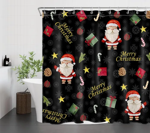 Vista 2 de Merry Christmas Shower Curtain for Bathroom Santa Claus with Snowflake Pattern on Black Bathroom Shower Curtains with Hooks, New Year Holiday