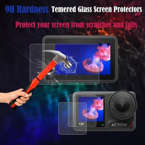 Vista 3 de PCTC Protector de pantalla para cámara DJI OSMO Action 4, protector de lente Osmo Action 4 + película de pantalla LCD de vidrio templado + cubierta