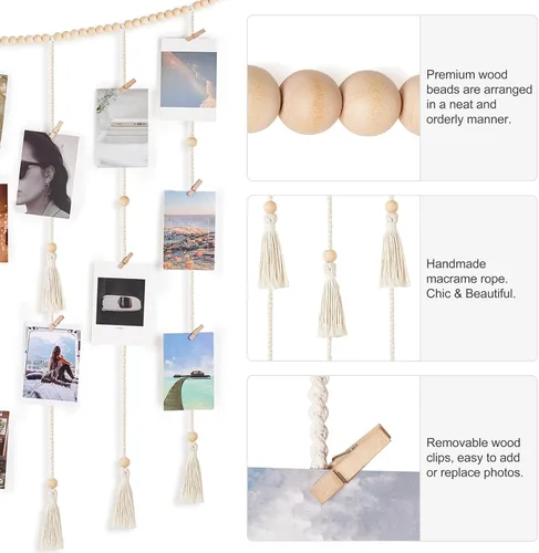Vista 4 de Mkono Decoración de pared colgante de macramé con cadena de luces, habitación bohemia para dormitorio, cuentas de madera, guirnalda para tarjetas