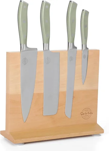 Vista 11 de Sur La Table Kitchen Essentials - Juego de 5 piezas de cuchillos de acero alemán con mango triple remachado en bloque magnético de madera de haya