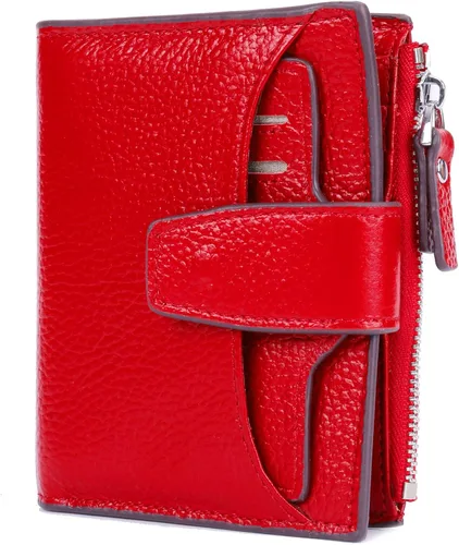 Vista 6 de AINIMOER - Cartera de piel con bloqueo RFID para mujer, tamaño pequeño, compacta, doble zíper, con ventana para identificación