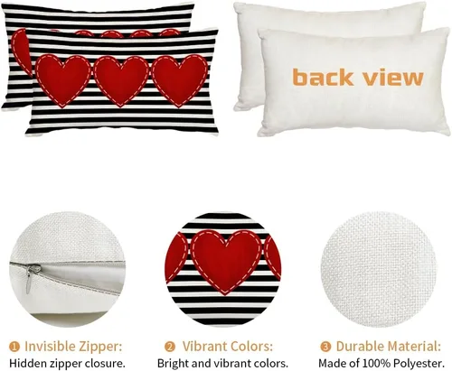 Vista 5 de AACORS AK003-12 - Juego de 2 fundas de almohada para el día de San Valentín de 12 x 20 pulgadas, decoración de corazón rojo a rayas, funda