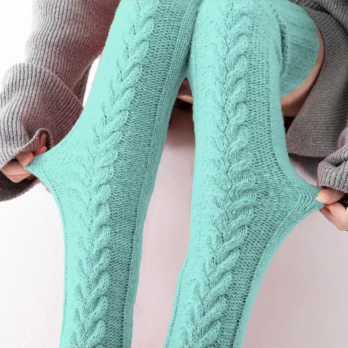 Vista 6 de Pcavin Calcetines altos hasta el muslo para mujer, por encima de la rodilla, calcetines de punto trenzado, calentadores de piernas largos y cálidos