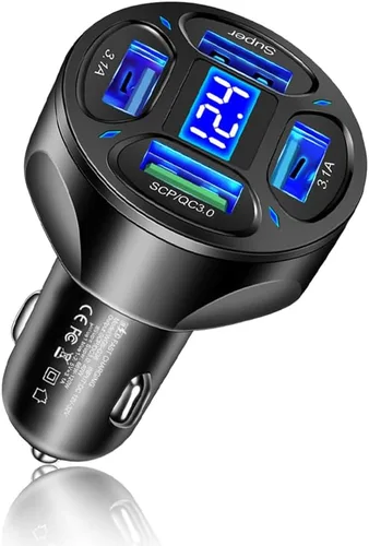 Vista 8 de Cargador rápido de coche de 4 puertos con salida de enchufe, voltímetro LED, PD3.1, súper puerto, accesorio USB universal para encendedor
