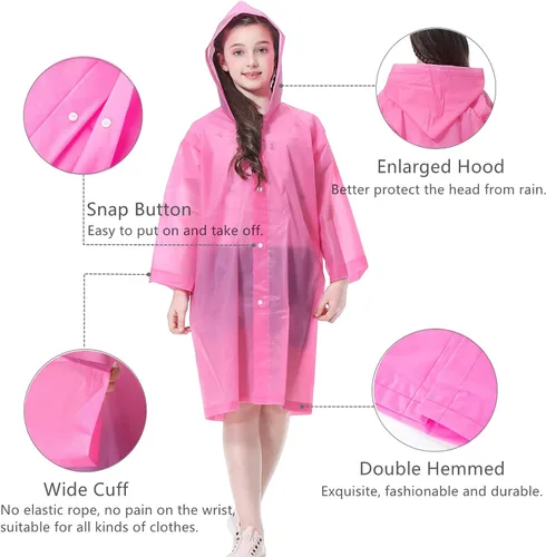 Vista 4 de Kids Rain Poncho, Reusable EVA Children Raincoat for 6-13 Girls Boys, Waterproof Rain Jackets Rainwear with Hood