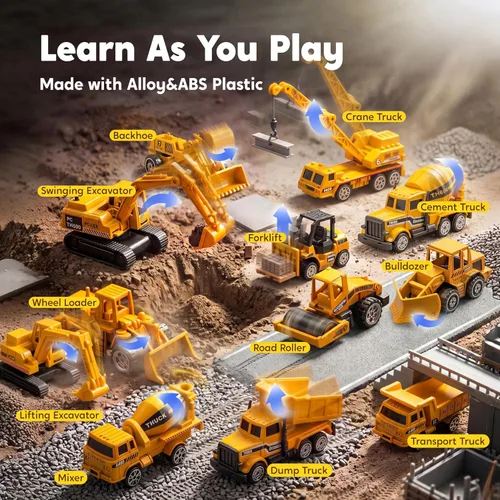 Vista 3 de JOYIN Juego de camiones de construcción 25 en 1 con 12 vehículos y 12 figuras de trabajadores, camiones de juguete Push and Go con sonido y luz