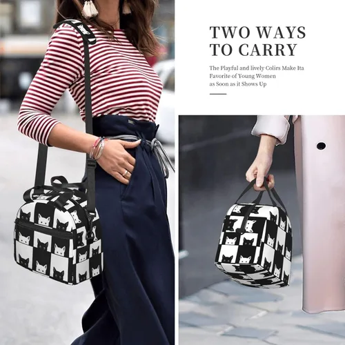Vista 7 de Bolsa de almuerzo para gatos blancos y negros con correa ajustable para el hombro para mujeres y hombres, lonchera reutilizable, a prueba de fugas