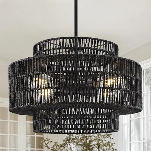 Vista 12 de 12.4” Candelabro de ratán boho, 1 luz, lámpara colgante tejida a mano, lámpara colgante rústica de estilo granja para isla de cocina, recámara